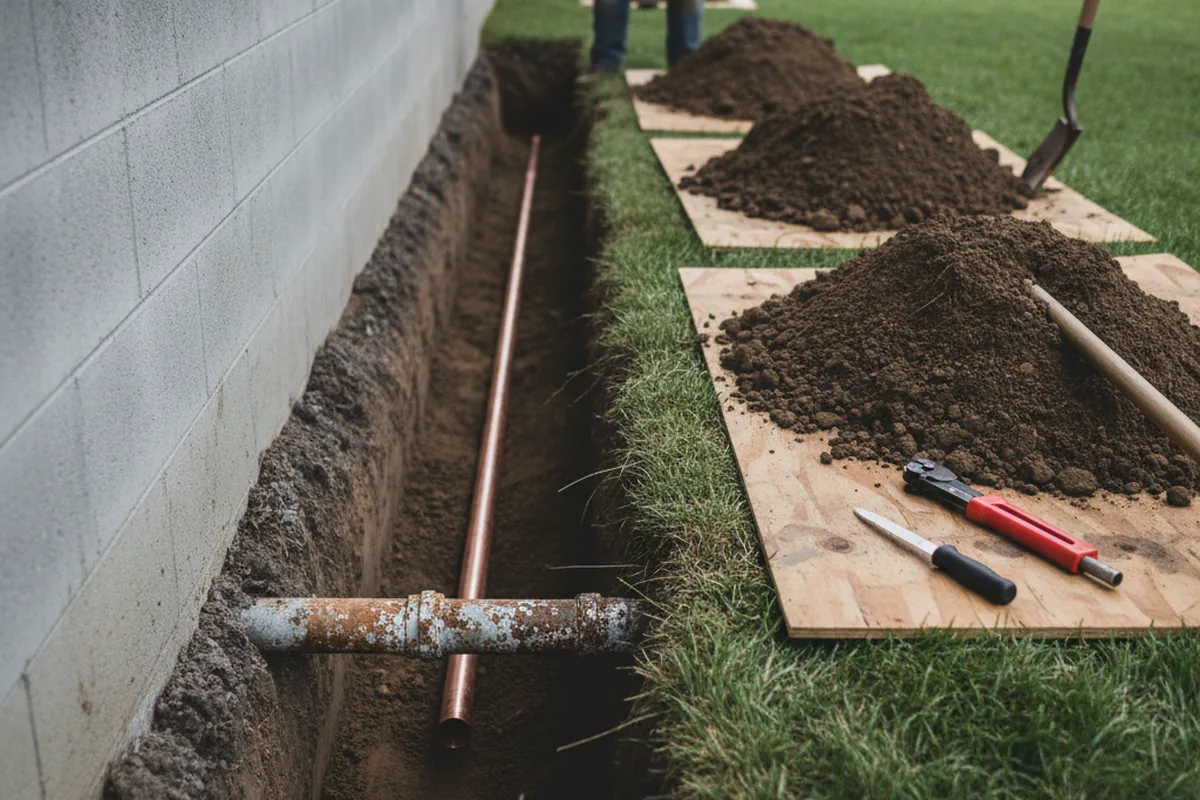 Excavated water line trench during Sewer Line Repair in Emmaus